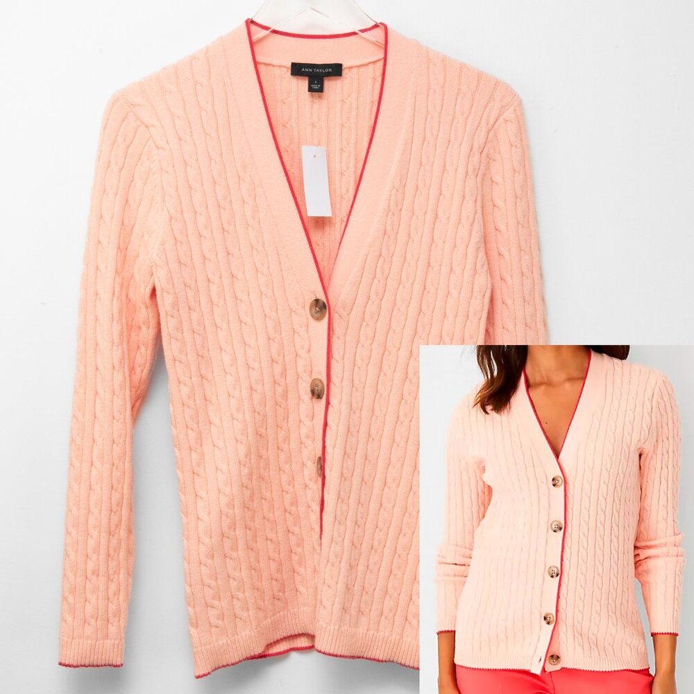 Ann Taylor Boyfriend Cardigan Sweater Cable Knit Tipped Peach Size Small New